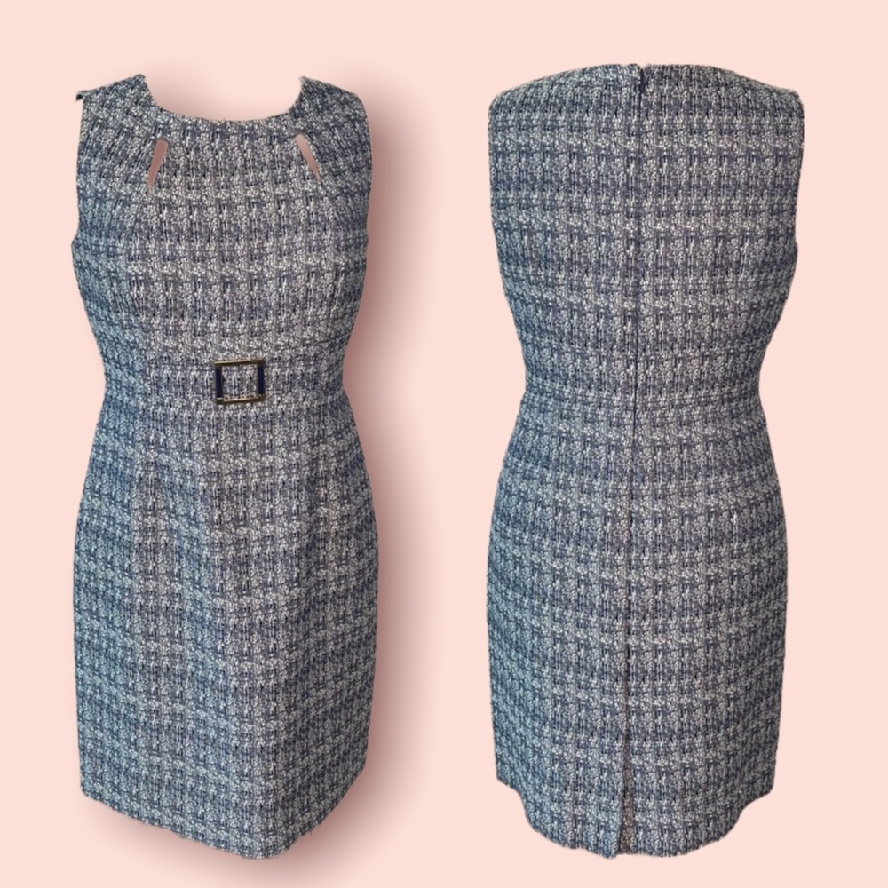 Tahari Sleeveless Blue Tweed Dress